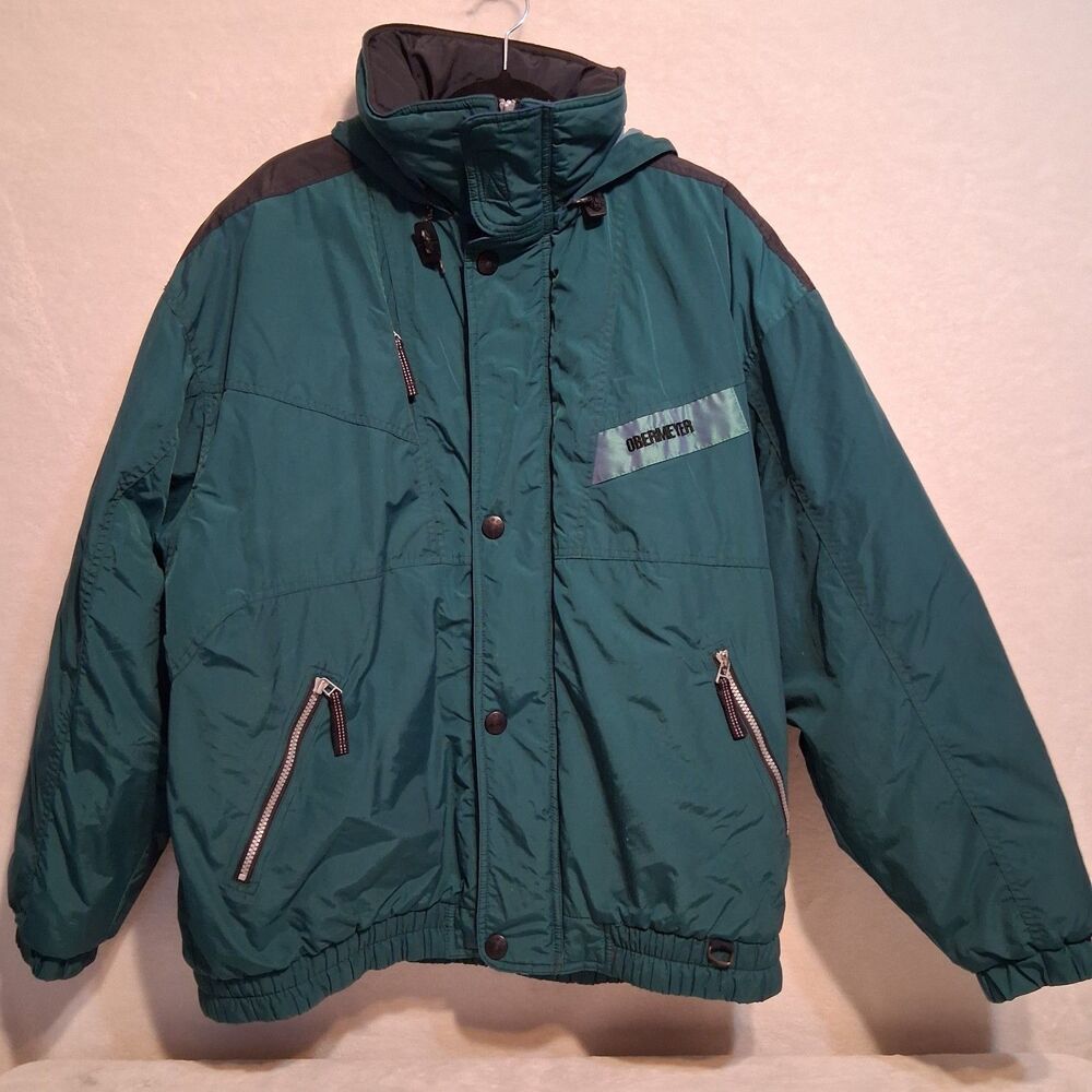 Vintage Obermeyer Mens XL Ski Jacket Green Roll Away Hood Cold Weather Retro